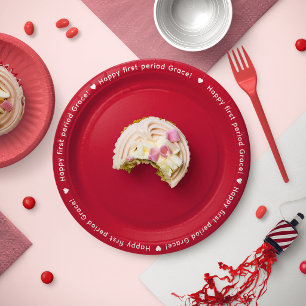 Red White Name Border Happy First Period Party Paper Plate