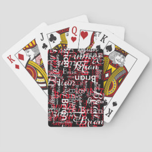 Red & White Name Pattern on Black Playing Cards