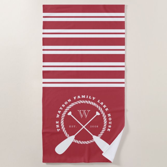 Red White Nautical Lake House Monogram Beach Towel (Front)
