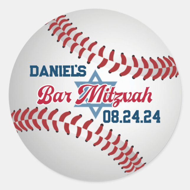 Red, White, Navy Baseball Bar Mitzvah Classic Round Sticker (Front)