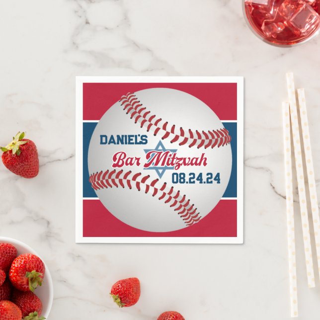 Red, White, Navy Baseball Bar Mitzvah Napkin (Insitu)