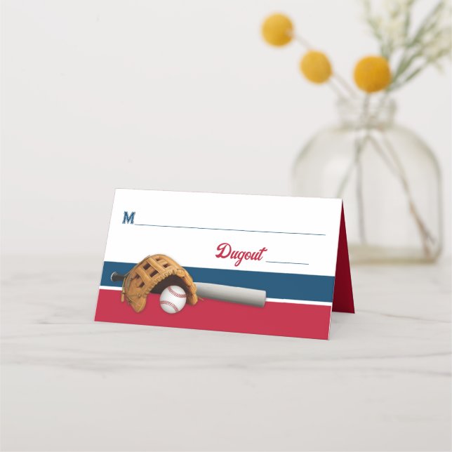Red, White, Navy Baseball Bar Mitzvah Place Card (Front)