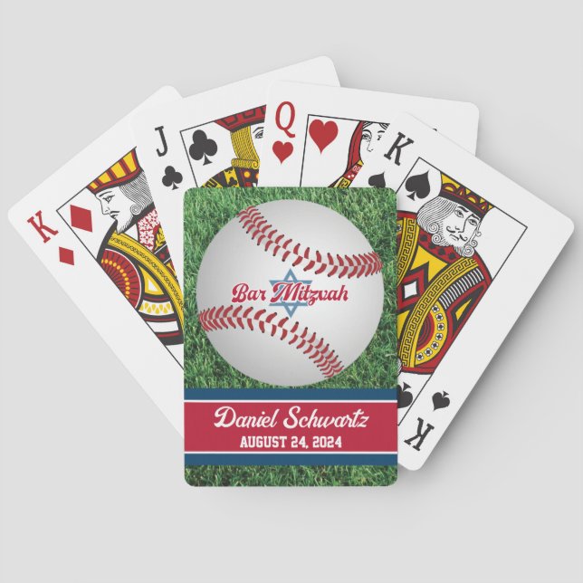 Red, White, Navy Baseball Bar Mitzvah Playing Cards (Back)