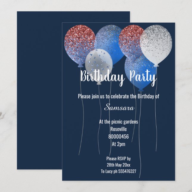 RED WHITE & NAVY BLUE BIRTHDAY BALLOON  INVITATION (Front/Back)