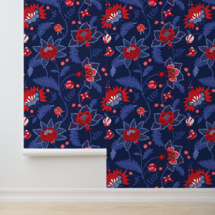Red, White, Navy & Blue Indian Floral Pattern Wallpaper