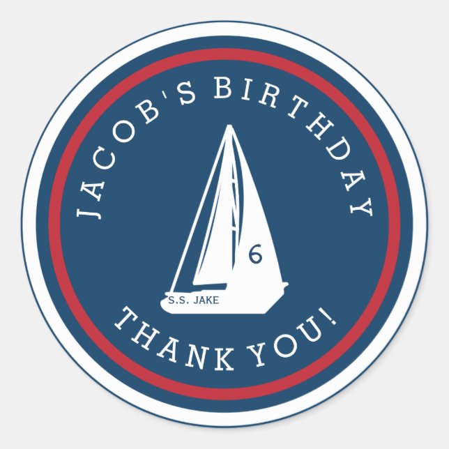 Red White Navy Blue Sailboat Nautical Birthday Classic Round Sticker (Front)