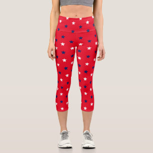 Red white navy blue stars patriotic pattern capri leggings