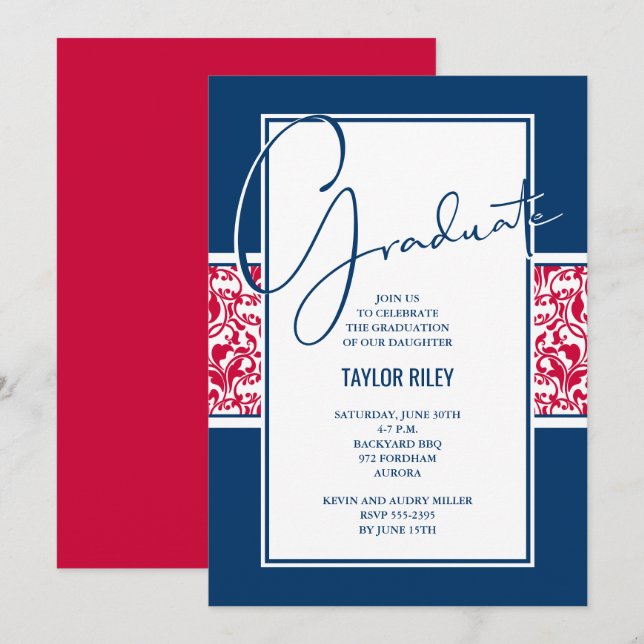 Red White Navy Damask Graduation Invitation (Front/Back)