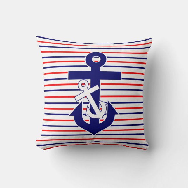 Red White & Navy Stripes With Anchors Throw Pillow (Front)