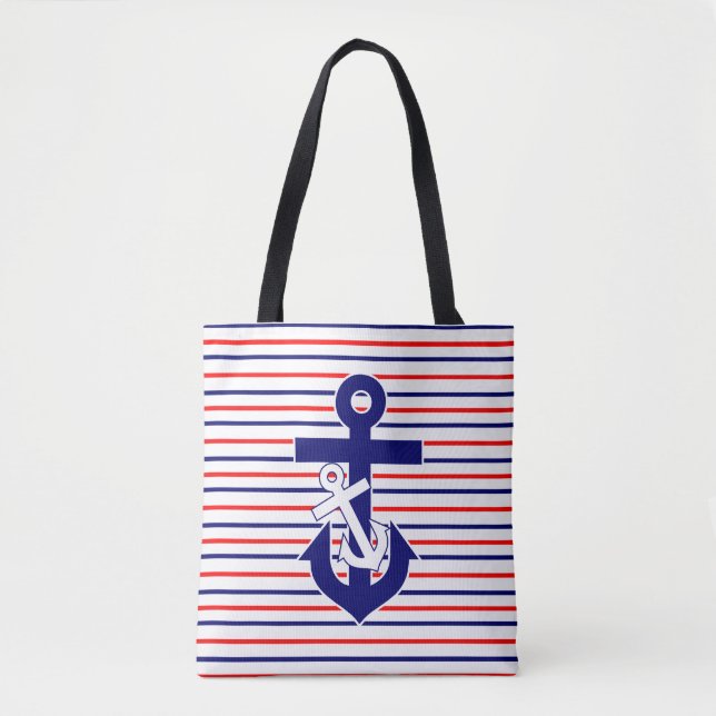 Red White & Navy Stripes With Anchors Tote Bag (Front)