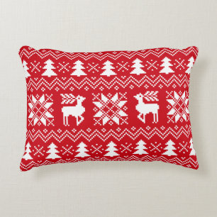 Red White Nordic Christmas Winter Pattern Decorative Cushion