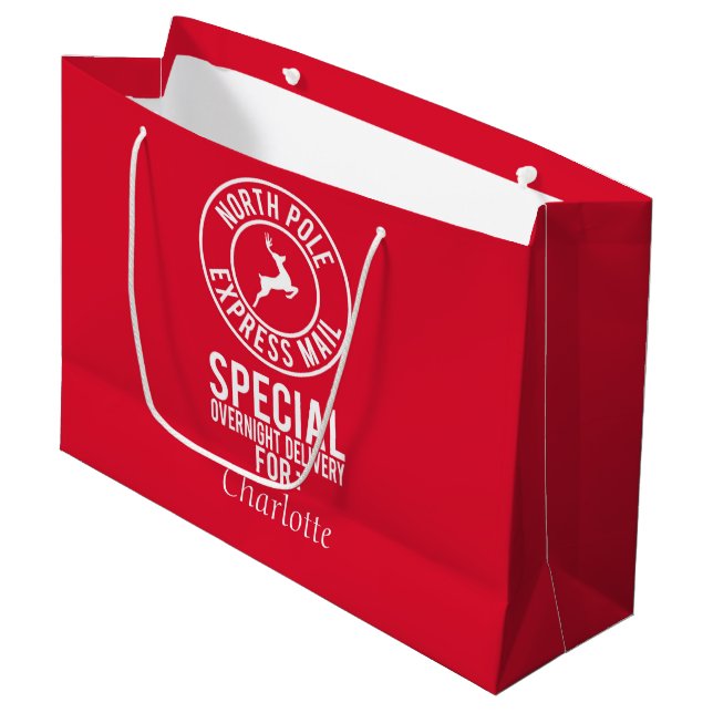 Red & White North Pole Express Mail Name Gift Bag (Front Angled)