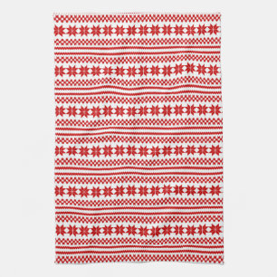 Red White Norwegian Christmas Sweater Pattern Tea Towel