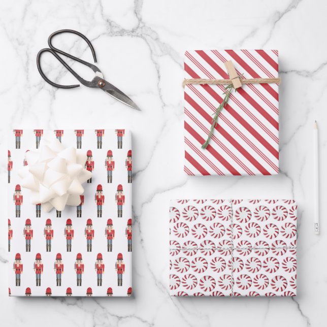 Red White Nutcracker and Candy Cane Christmas Wrapping Paper Sheet (Front)