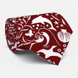 Red White Ocean Pattern Dolphin Waves Shell Crab Tie