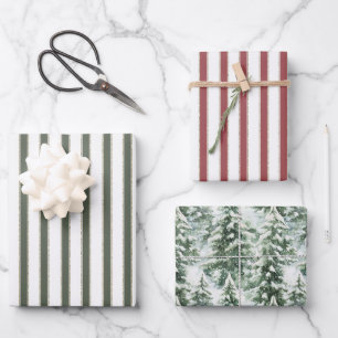 Red White Olive Green Stripes Christmas Trees Wrapping Paper Sheet