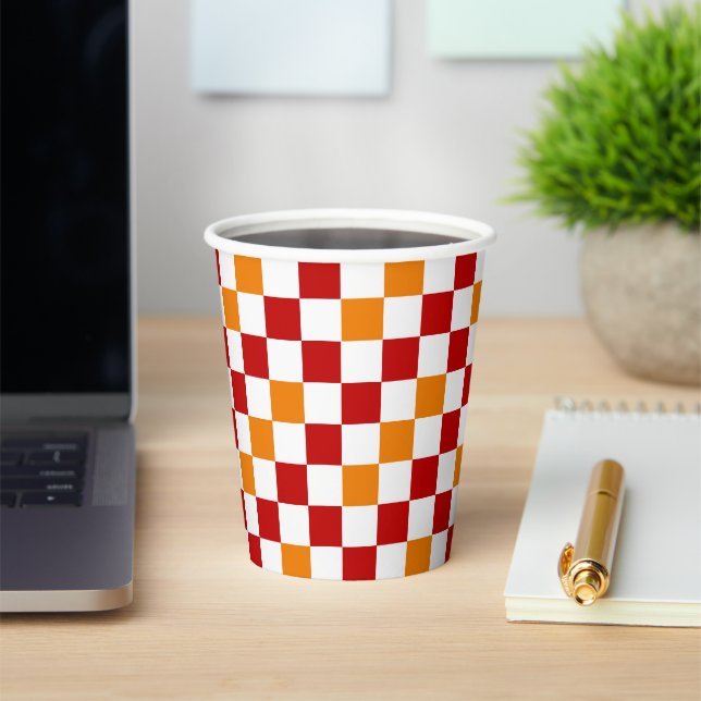 Red White Orange Chequered Pattern Design  Paper Cups (Insitu)