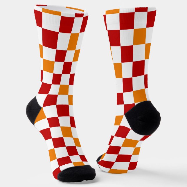 Red White Orange Chequered Pattern Design  Socks (Angled)