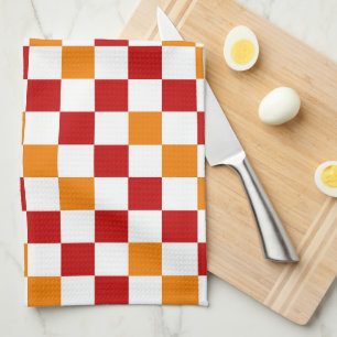 Red White Orange Chequered Pattern Design Tea Towel