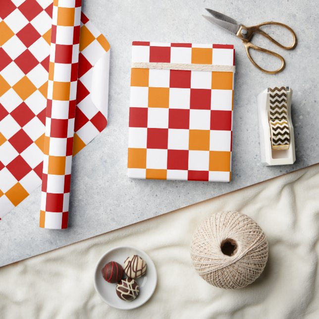 Red White Orange Chequered Pattern Design  Wrapping Paper (Crafts)