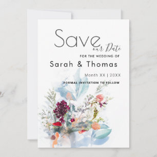 RED WHITE & ORANGE FLORAL ELEGANT SAVE OUR DATE ANNOUNCEMENT