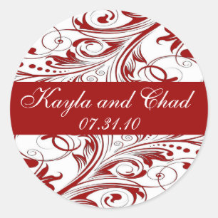 Red White Ornate Flourish Wedding Classic Round Sticker