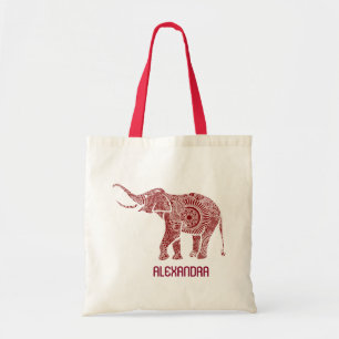 Red & White Ornate Swirls Elephant Monogram Tote Bag