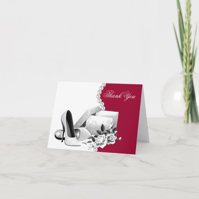 Red White Pearls High Heel Shoes Thank You Cards (Front)