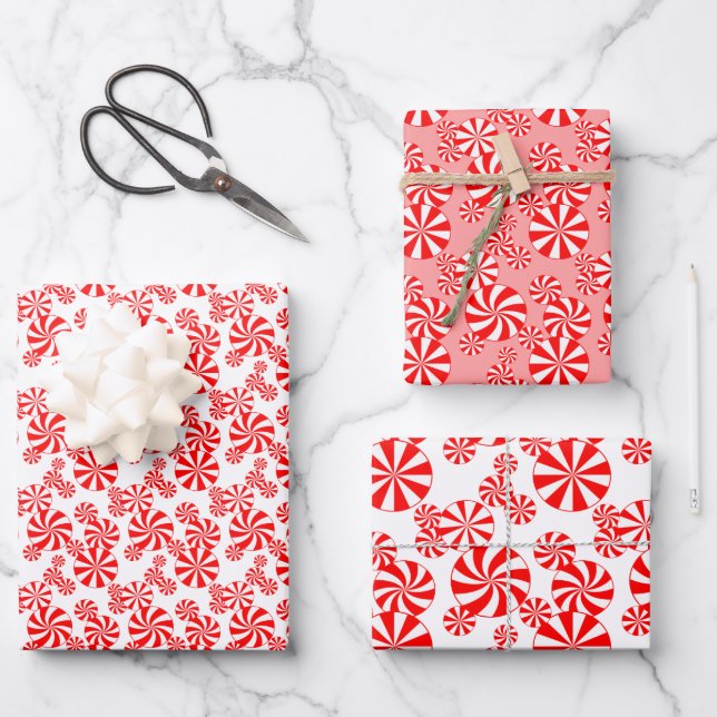 Red White Peppermint Candy Holdiay Pattern Wrapping Paper Sheet (Front)