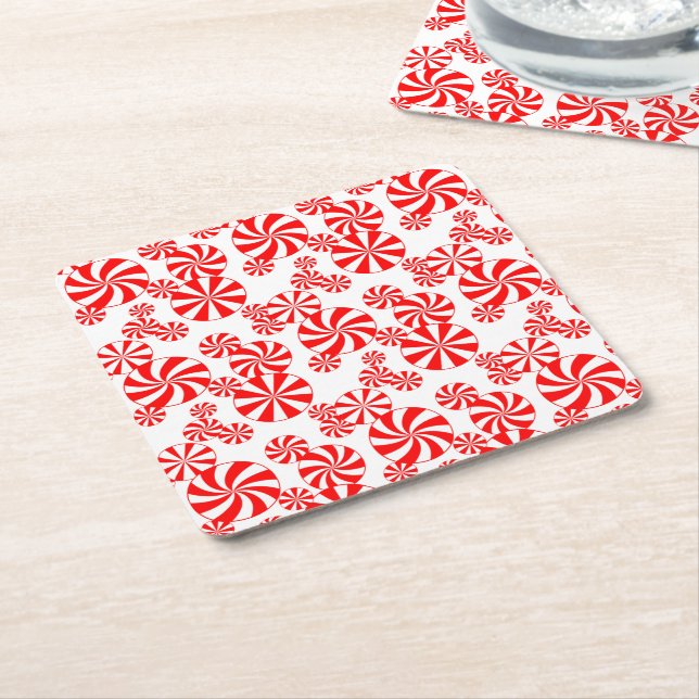 Red White Peppermint Candy Pattern Paper Coaster (Angled)