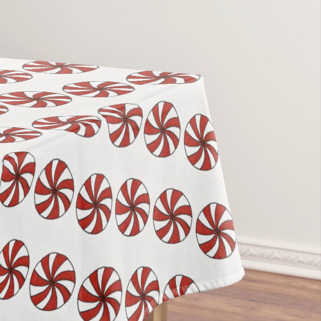 Red White Peppermint Swirl Mint Candy Christmas Tablecloth (In Situ)