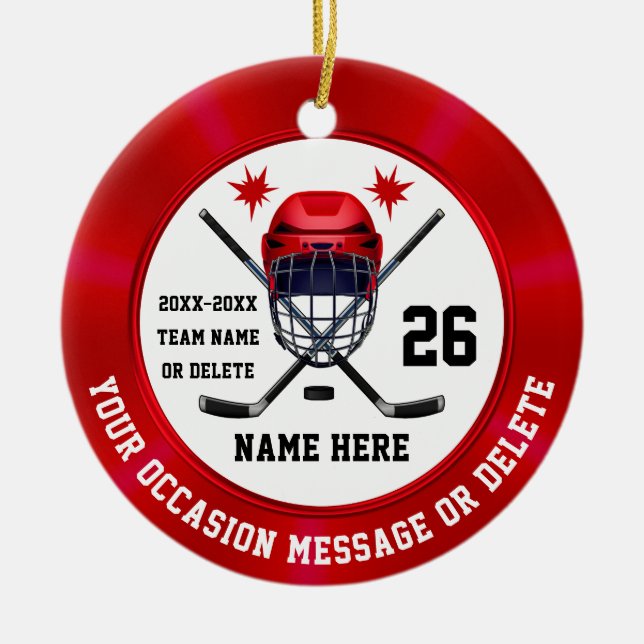 Red White Personalised, Hockey Christmas Ornament (Front)