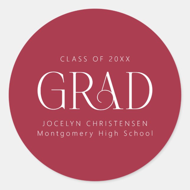 Red White Personalised Modern Graduation Classic Round Sticker (Front)