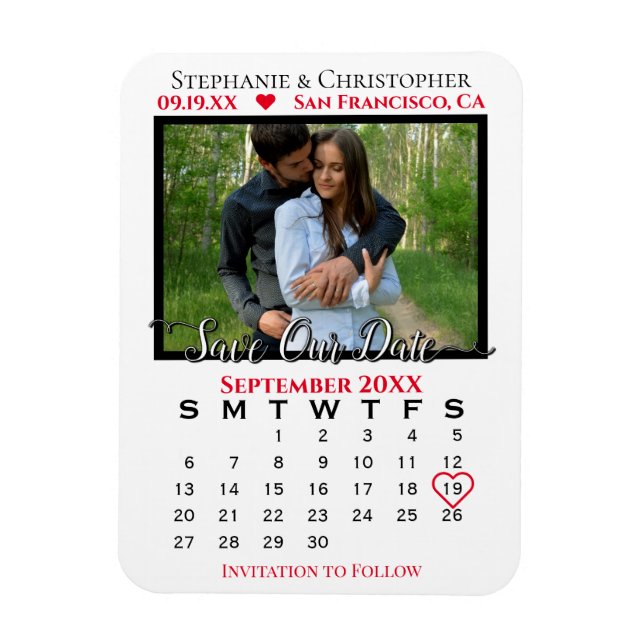 Red & White Photo Calendar Save Our Date Wedding Magnet (Vertical)