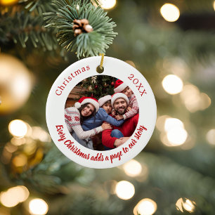 Red white photo family story quote Christmas Ceramic Tree Decoration