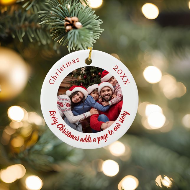 Red white photo family story quote Christmas Ceramic Tree Decoration (Creator Uploaded)
