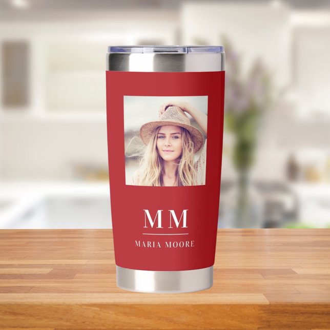 Red white photo monogram initials name insulated tumbler (Creator Uploaded)