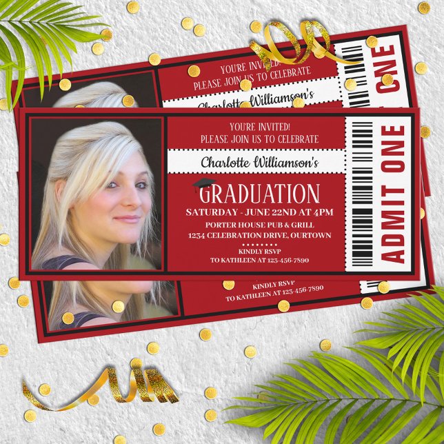 Red|White Photo Ticket Graduation Party Invitation (Creator Uploaded)