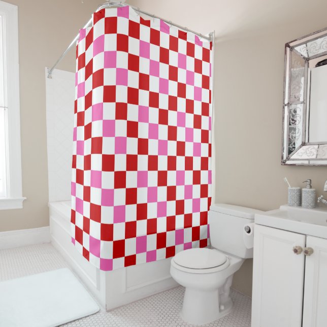 Red White Pink Chequered Pattern Design  Shower Curtain (In Situ)