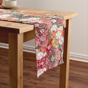 Red White Pink Japanese Floral Cotton Dining Short Table Runner