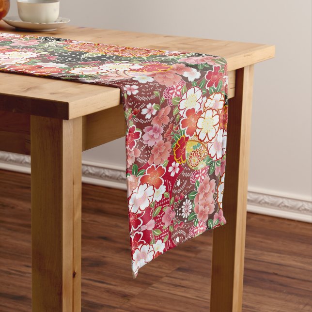 Red White Pink Japanese Floral Cotton Dining  Short Table Runner (In Situ)
