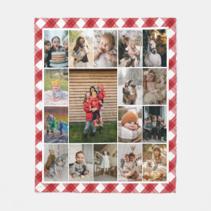 Red White Plaid Border 17 Family Photo Collage Fleece Blanket
