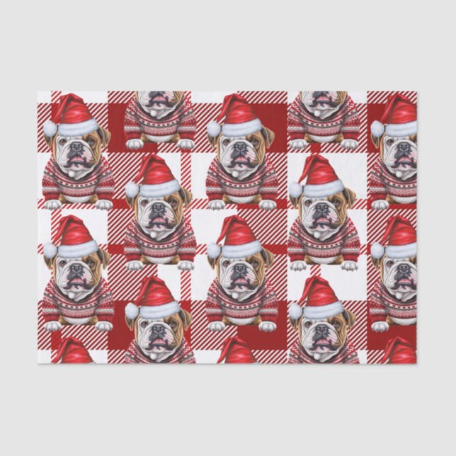 Red White Plaid Bulldog Christmas Holiday Tissue Paper (Front)