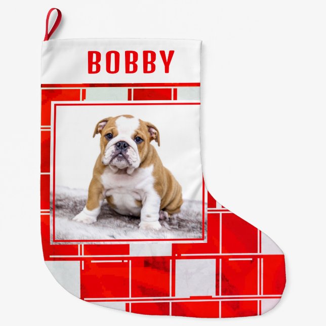 Red White Plaid Bulldog Dog Photo Merry Christmas Large Christmas Stocking (Front)