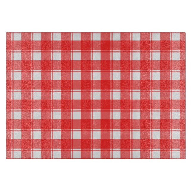 Red White Plaid Checked Glass Cutting Board (Front)