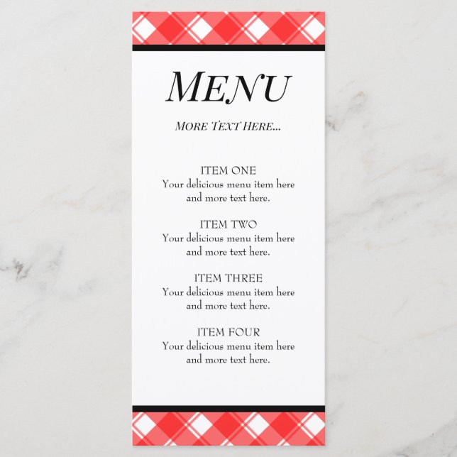 Red White Plaid Checked Pattern Custom Menu Card (Front)