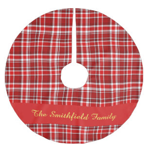 Red White Plaid Family Name Custom Christmas Brushed Polyester Tree Skirt