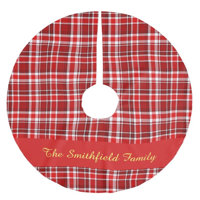 Red White Plaid Family Name Custom Christmas Brushed Polyester Tree Skirt (Front)