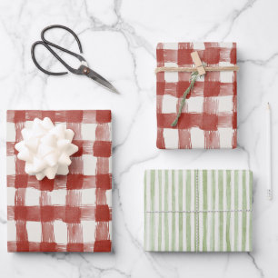 Red White Plaid Green Stripes Birthday Wrapping Paper Sheet