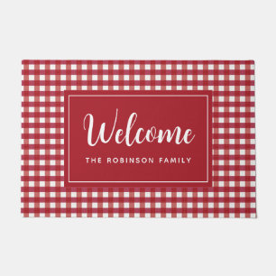 Red White Plaid Personalised Monogram Welcome Doormat